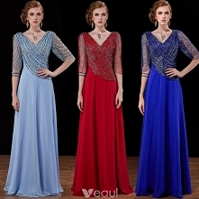 Luksusowe Burgund Wykonany Ręcznie Frezowanie Sukienki Wieczorowe 2019 Princessa Cekiny V-Szyja Bez Pleców 3/4 Rękawy Długie Sukienki Wizytowe