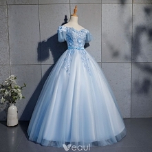 Eleganckie Błękitne Sukienki Na Bal 2019 Suknia Balowa Z Koronki Aplikacje Kokarda Przy Ramieniu Bez Pleców Kótkie Rękawy Długie Sukienki Wizytowe