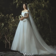 Eleganckie Kość Słoniowa Suknie Ślubne 2019 Princessa Przy Ramieniu Kótkie Rękawy Bez Pleców Trenem Kaplica