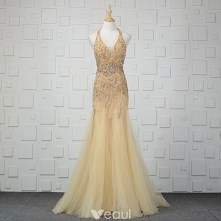 Luksusowe Szampan Wykonany Ręcznie Frezowanie Sukienki Wieczorowe 2019 Syrena / Rozkloszowane Kryształ Cekiny Rhinestone Kutas Posiadacz Bez Rękawów Bez Pleców Długie Sukienki W...