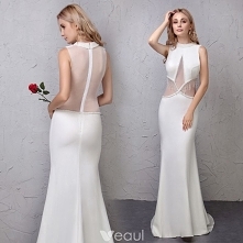 Piękne Kość Słoniowa Sukienki Wieczorowe 2019 Syrena / Rozkloszowane Przezroczyste Wykonany Ręcznie Frezowanie Kutas Wycięciem Bez Rękawów Trenem Sweep Sukienki Wizytowe