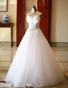 Piękne Białe Suknie Ślubne 2019 Princessa Przezroczyste Bez Ramiączek Aplikacje Z Koronki Kwiat Bez Rękawów Bez Pleców Długie