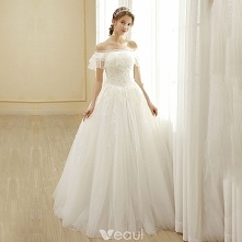 Niedrogie Kość Słoniowa Suknie Ślubne 2019 Princessa Przy Ramieniu Z Koronki Kwiat Kótkie Rękawy Bez Pleców Długie