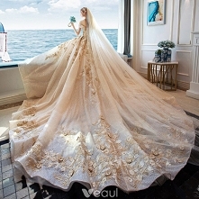 Luksusowe Szampan Cekinami Tiulowe Suknie Ślubne 2019 Princessa Przy Ramieniu Z Koronki Haftowane Bez Pleców Trenem Królewski