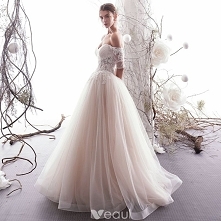 Uroczy Szampan Suknie Ślubne 2019 Princessa Przy Ramieniu Frezowanie Z Koronki Kwiat Kótkie Rękawy Bez Pleców Długie