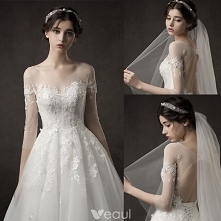 Eleganckie Kość Słoniowa Suknie Ślubne 2019 Princessa Wycięciem Cekiny Z Koronki Kwiat 1/2 Rękawy Bez Pleców Długie