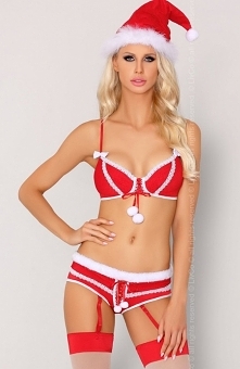 Livia Corsetti Emeryn komplet 4-częściowy Stań się seksowną mikołajką i zaskocz swojego partnera, biustonosz wykonany z miękkiej czerwonej dzianiny, przód ozdobiony uroczymi pom...