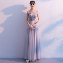 Eleganckie Szary Sukienki Na Bal 2019 Princessa Przy Ramieniu Z Koronki Kwiat Perła Bez Pleców Kokarda Bez Rękawów Długie Sukienki Wizytowe