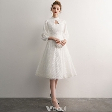 Eleganckie Kość Słoniowa Homecoming Sukienki Na Studniówke 2019 Princessa Wysokiej Szyi Kutas 3/4 Rękawy Długość do kolan Sukienki Wizytowe