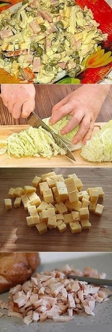 Sałatka z kapusty pekińskiej,sera żółtego,kurczaka wędzonego,groszku i majonezu