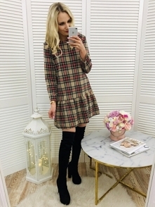 Beżowa Sukienka z Falbaną Krata 99zl