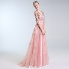 Luksusowe Rumieniąc Różowy Wykonany Ręcznie Frezowanie Sukienki Wieczorowe 2019 Princessa V-Szyja Aplikacje Kryształ Cekiny Kokarda 1/2 Rękawy Długie Sukienki Wizytowe