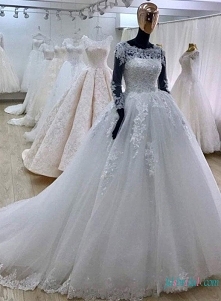 Biały kolor bateau dekolt z długimi rękawami princess #wedding #ballgown Model: H0778 (wysyłka gratis na cały świat)