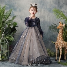 Eleganckie Granatowe Przezroczyste Sukienki Dla Dziewczynek 2019