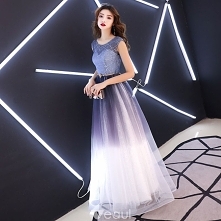 Uroczy Winogrono Gradient-Kolorów 2019 Princessa Sukienki Wieczorowe Wycięciem Cekiny Metal Szarfa Bez Rękawów Bez Pleców Długie Sukienki Wizytowe