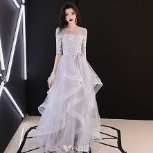 Eleganckie Szary Sukienki Wieczorowe 2019 Princessa Wycięciem Kokarda Z Koronki Kwiat 1/2 Rękawy Bez Pleców Kaskadowe Falbany Długie Sukienki Wizytowe