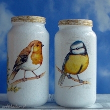 Ptaki. Dekoracja. Komplet ręcznie malowanych słoiczków.