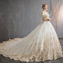 Luksusowe Szampan 2019 Suknie Ślubne Suknia Balowa Przy Ramieniu Guziki Z Koronki Kwiat Bez Rękawów Bez Pleców Trenem Królewski