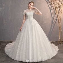 Eleganckie Kość Słoniowa Suknie Ślubne 2019 Suknia Balowa Wycięciem Frezowanie Kryształ Z Koronki Kwiat Kótkie Rękawy Bez Pleców Trenem Katedra