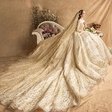 Luksusowe Złote Suknie Ślubne 2019 Suknia Balowa Kwadratowy Dekolt Cekinami Tiulowe Frezowanie Cekiny Kryształ 3/4 Rękawy Bez Pleców Trenem Królewski