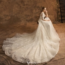 Eleganckie Szampan Suknie Ślubne 2019 Princessa Wycięciem Z Koronki Kwiat Gwiazda 3/4 Rękawy Bez Pleców Trenem Kaplica