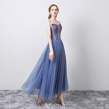 Piękne Ciemnoniebieski Sukienki Wieczorowe 2019 Princessa Bez Ramiączek Bez Rękawów Cekiny Bez Pleców Długie Sukienki Wizytowe