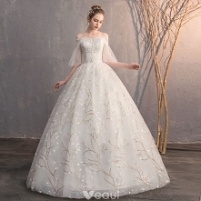 Niedrogie Kość Słoniowa Suknie Ślubne 2019 Suknia Balowa Przy Ramieniu 1/2 Rękawy Bez Pleców Aplikacje Z Koronki Cekiny Długie