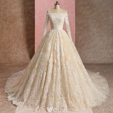 Eleganckie Szampan Suknie Ślubne 2019 Suknia Balowa Przy Ramieniu Z Koronki Kwiat Długie Rękawy Bez Pleców Trenem Katedra