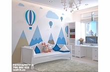 Fototapety do pokoju chłopców. Niebieskie i brązowe góry z balonami w chmurach.Minimalistyczna i spokojna kolorystyka dla najmłodszych dzieci.
Autorski wzór Dd07, © dostępny rów...