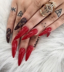 red, long, nails, LV, tatto