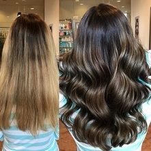 Piękna zmiana z blondu na wieolowymiarowy brąz.Salon fryzjerski Warszawa