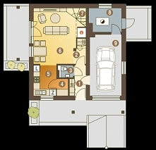 Turkawka II to propozycja projektowa niewielkiego domu jednorodzinnego z wykorzystanym poddaszem na cele mieszkalne w układzie szczytowym względem elewacji frontowej. Rzut parteru.