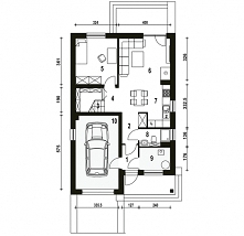 Mazurek to projekt niedużego, nowoczesnego i wygodnego domu jednorodzinnego z wbudowanym garażem jednostanowiskowym. Rzut parteru.