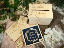 komplet ślubny, drewniana skrzynia na koperty, topper, pudełeczko na obrączki, podziękowanie dla rodziców, projekt i wykonanie JOT STUDIO