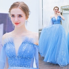 Eleganckie Niebieskie Sukienki Wieczorowe 2019 Princessa Wycięciem Frezowanie Cekiny Gwiazda Kótkie Rękawy Bez Pleców Trenem Sweep Sukienki Wizytowe