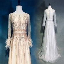 High-end Champagne Evening Dresses 2019 A-Line / Princess Scoop Neck Handmade Beading Rhinestone Sash Long Sleeve Feather Floor-Length / Long Formal Dresses