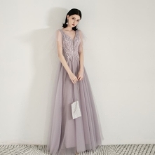 Piękne Lawenda Sukienki Wieczorowe 2019 Princessa V-Szyja Frezowanie Cekiny Z Koronki Kwiat Kótkie Rękawy Bez Pleców Długie Sukienki Wizytowe