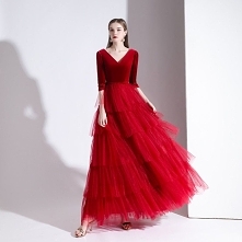 Uroczy Czerwone Sukienki Wieczorowe 2020 Princessa Zamszowe V-Szyja 1/2 Rękawy Bez Pleców Długie Sukienki Wizytowe