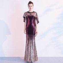 Błyszczące Gradient-Kolorów Sukienki Wieczorowe Z Szalem 2020 Syrena / Rozkloszowane Cekiny Wycięciem Kótkie Rękawy Długie Sukienki Wizytowe