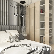 Nowoczesna sypialnia z charakterem! ;) Wygodne wnętrze w spokojnych kolorach, z oryginalną i wygodną zabudową meblową.