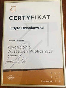 Certyfikat ukończenia szkolenia – Psychologia Wystąpień Publicznych