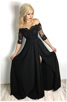 Długa sukienka na studniówkę - czarna z odkrytymi ramionami. Nathalie od Pretty Clever