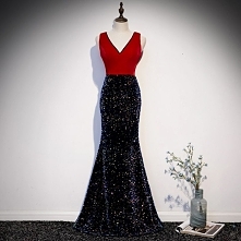 Uroczy Czerwone Sukienki Wieczorowe 2019 Syrena / Rozkloszowane V-Szyja Cekiny Bez Rękawów Bez Pleców Długie Sukienki Wizytowe