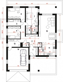 Pogodna to projekt optymalnego domu jednorodzinnego dla 3-4osobowej rodziny. Strefa wejściowa przed domem oraz dwustanowiskowy garaż stanowią spójna całość w strefie wejściowej. Budynek ozdobiony jest detalami w naturalnych kolorach - cegłą oraz jasnym drewnem.
W środku zaprojektowano trzy sypialnie, przestronną przestrzeń salonu, kuchni i jadalni. Rzut parteru.
