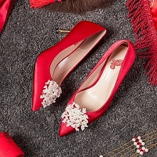 Elegancka Czerwone Buty Ślubne 2020 Satyna Perła 6 cm Szpilki Szpiczaste Ślub Czółenka