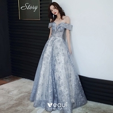 Uroczy Błękitne Sukienki Wieczorowe 2020 Princessa Przy Ramieniu Cekiny Bez Rękawów Bez Pleców Długie Sukienki Wizytowe