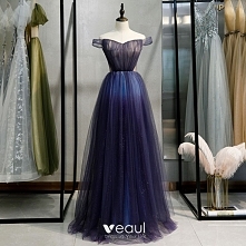 Piękne Granatowe Gradient-Kolorów Sukienki Wieczorowe 2020 Princessa Przy Ramieniu Kótkie Rękawy Bez Pleców Długie Sukienki Wizytowe