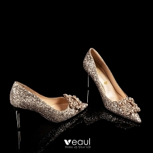 Błyszczące Złote Cekinami Buty Ślubne 2020 Skórzany Rhinestone Cekiny 8 cm Szpilki Szpiczaste Ślub Czółenka