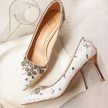 Uroczy Kość Słoniowa Buty Ślubne 2020 Skórzany Z Koronki Rhinestone 7 cm Szpilki Szpiczaste Ślub Czółenka