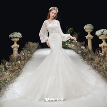 Wiktoriański Styl Kość Słoniowa ślubna Suknie Ślubne 2020 Syrena / Rozkloszowane Przezroczyste Wycięciem Bufiasta Długie Rękawy Bez Pleców Aplikacje Kwiat Cekinami Tiulowe Trene...